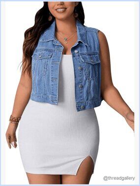 Plus Size Denim Vest Sleeveless Collar Crop Jacket Cowgirl Outfits